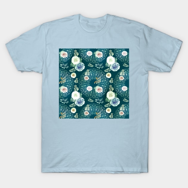 Spring Mandalas and Roses Teal T-Shirt by sandpaperdaisy